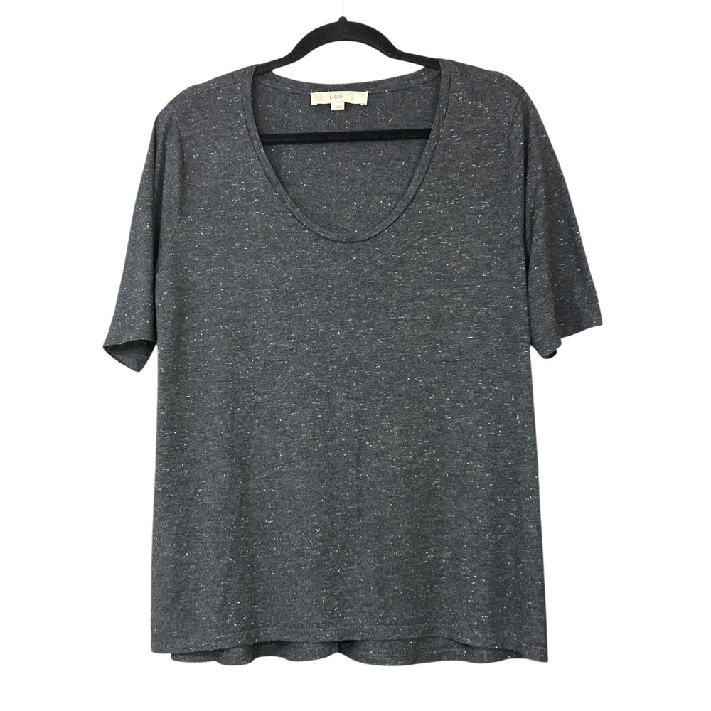 Ann Taylor Loft Top Womens Sz L Dark Gray with Silver Sparkles SS Stretch Shirt